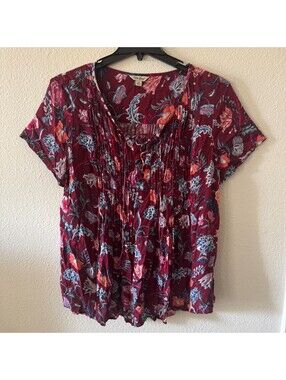 Lucky Brand Ditsy Floral Top Plus Size 1X Pink Pleated Tie Cottage Peasant Fairy